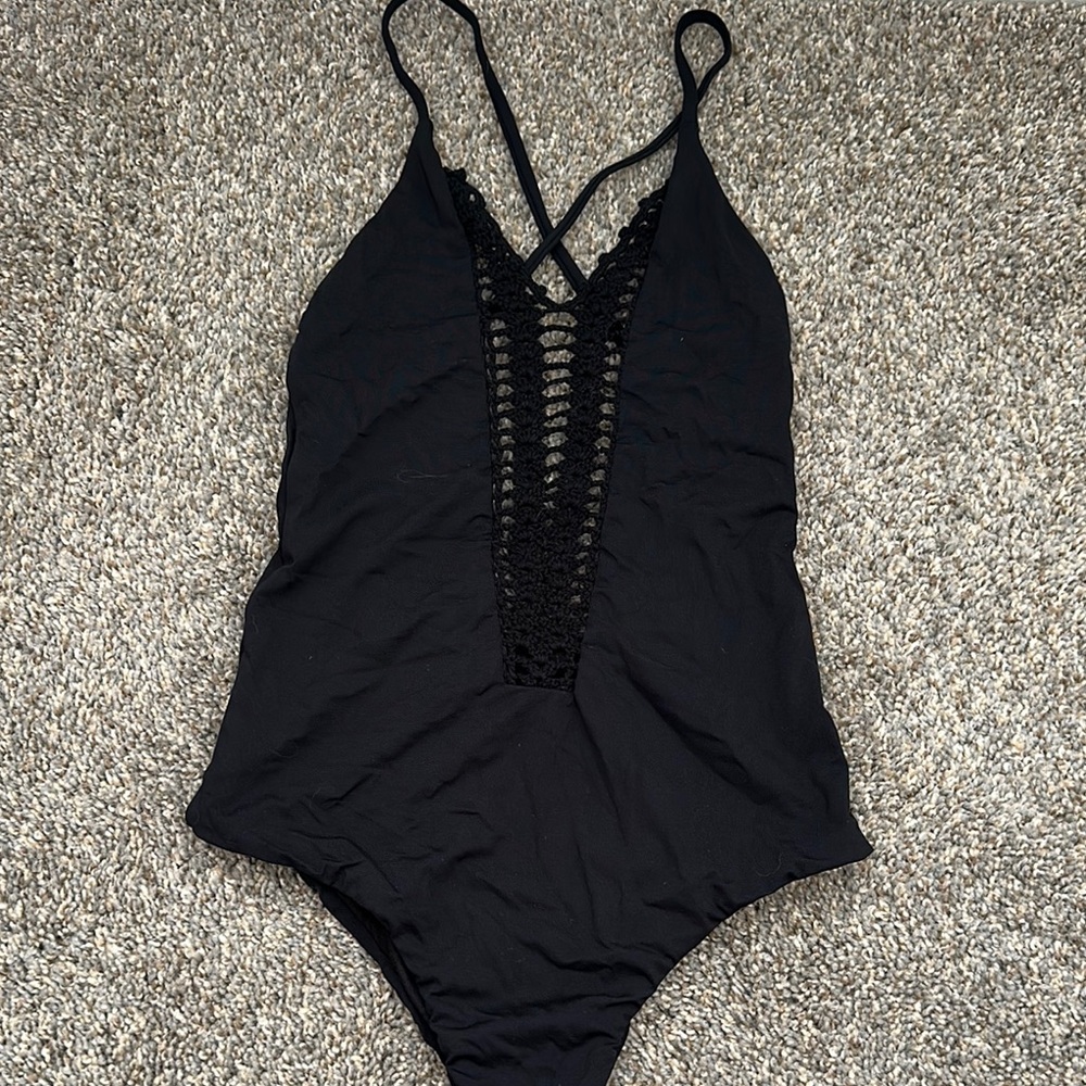 Black Crochet-Detail One-Piece Swimsuit